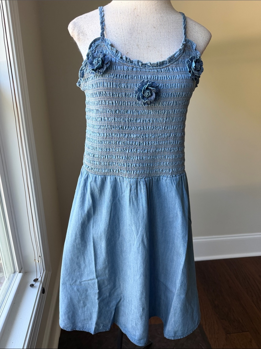 Wrangler Light Blue Smocked Chambray Sundress with Floral Appliqués